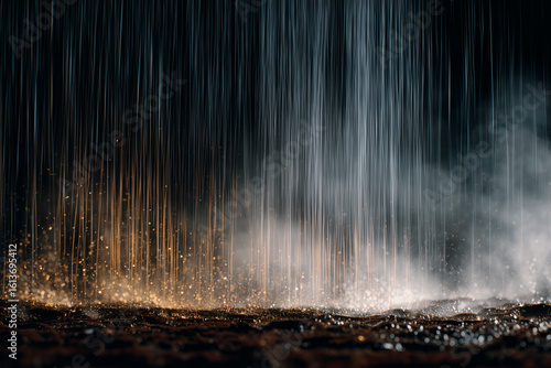 Rainfall striking ground in an abstract scene.