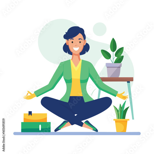 Corporate woman practicing yoga before work, morning office workout, healthy lifestyle, stress relief exercise, business wellness routine, female professional fitness vector illustration.