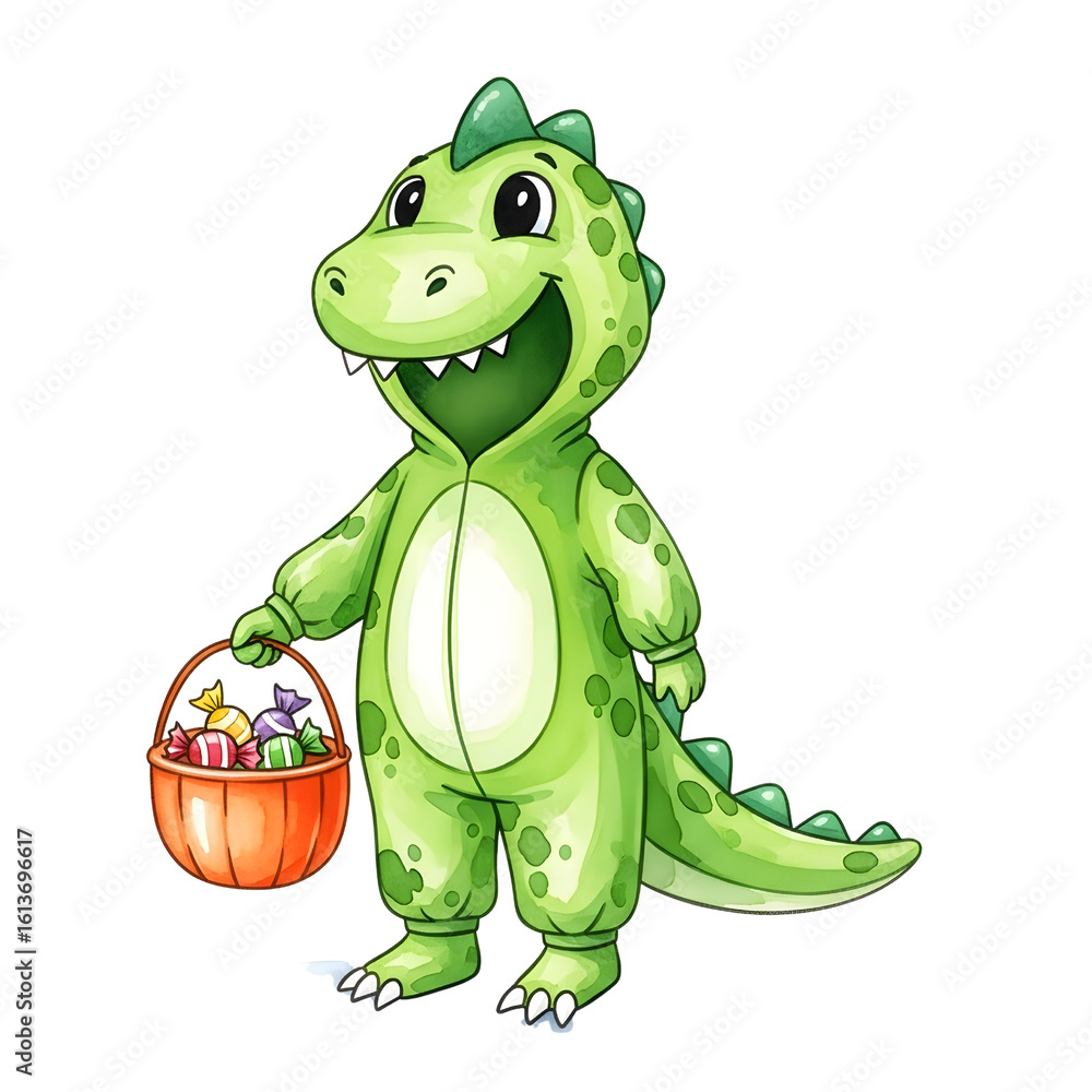 Obraz premium Adorable dinosaur in a green costume carries a pumpkin basket brimming with colorful candies. A cheerful Halloween treat scene.