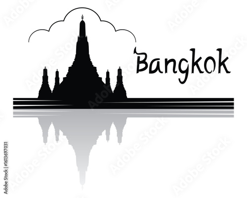 Illustration vector of Bangkok Thailand symbol Wat Arun Ratchawararam Ratchawaramahawihan temple of dawn with famous prang or pagoda along chao phraya river drawing in black and white