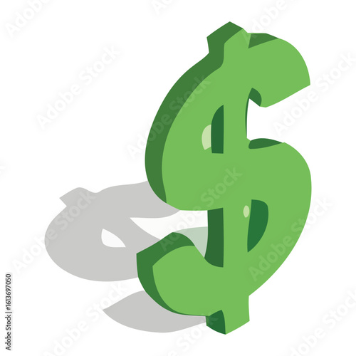 Green dollar sign icon, a 3D symbol of finance, wealth, and success on a white background