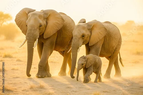 Obraz High-Resolution Ultra-Realistic Image of a Majestic Elephant Family Walking Together Through the Golden Dust of the African Savannah – Ideal for Showcasing Wildlife Bonding, Conservation Themes