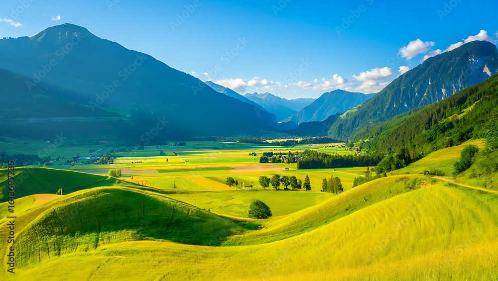 Fototapeta premium Vibrant green rolling hills with majestic mountains under a clear blue sky