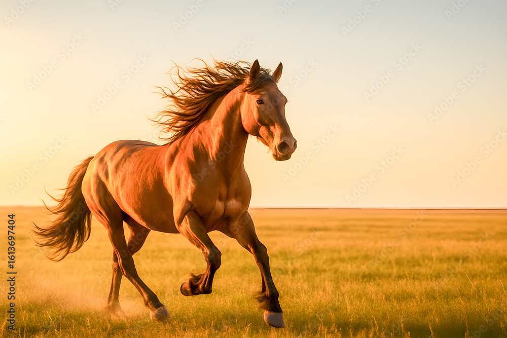 Fototapeta premium High-Resolution Ultra-Realistic Image of a Majestic Chestnut Horse Cantering Freely Across a Golden Grassland at Sunset – Ideal for Showcasing Equine Strength, Freedom, Western Spirit, Natural Beauty