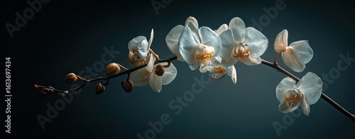 Delicate white orchid in dark studio