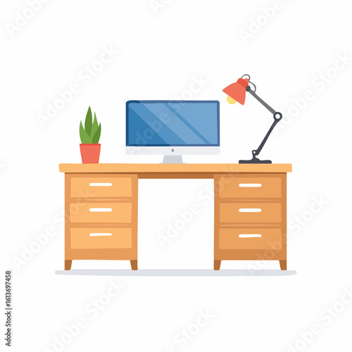 A Modern Desk with Computer, Lamp, and Plant, Ready for Work