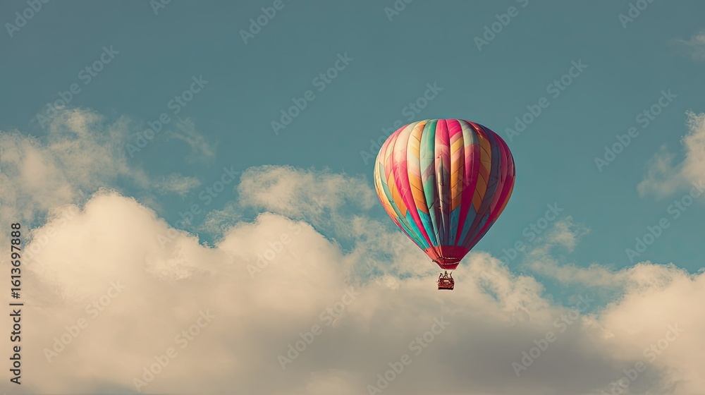 Fototapeta premium Colorful hot air balloon floats in a cloudy sky