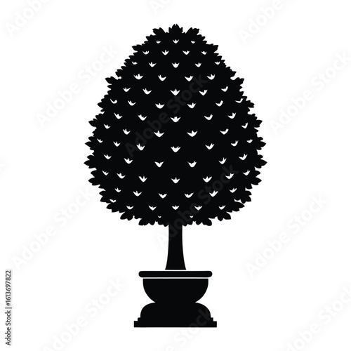 Elegant Black Silhouette of a Tree in a Pot Garden Decor on White Background
