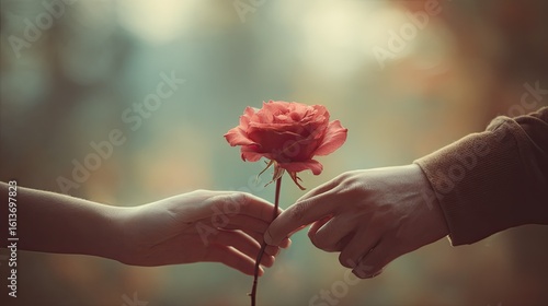 Tender hands exchange a rose