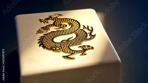 Close-up of a Mahjong Tile with Golden Dragon Design Slowly Rotating in Studio Light creating