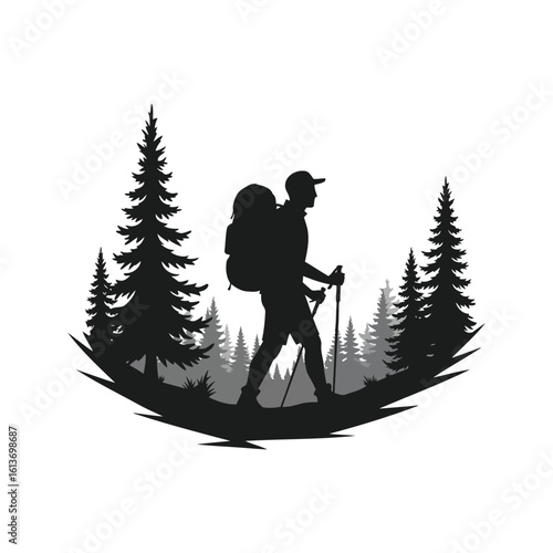Silhouette of a hiker with a backpack and trekking poles walking through a pine forest