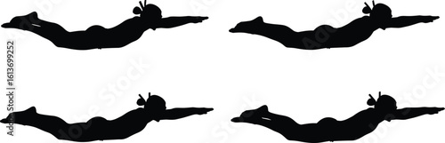 Silhouette of four divers underwater, scuba diving adventure, marine life exploration, aquatic sports, ocean depths, travel, freedom, nature scene