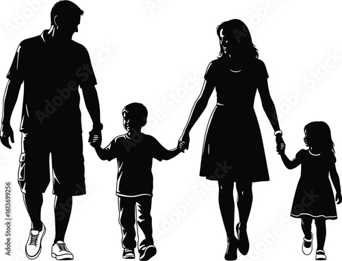 Silhouette of family walking together, parents holding hands with children, unity, bonding, love, relationship, connection, togetherness, outdoor stroll