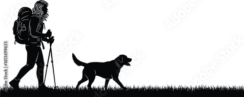 Silhouette of hiker with backpack and walking sticks, accompanied by dog, outdoor nature adventure, grass terrain, pet companionship, hiking scene