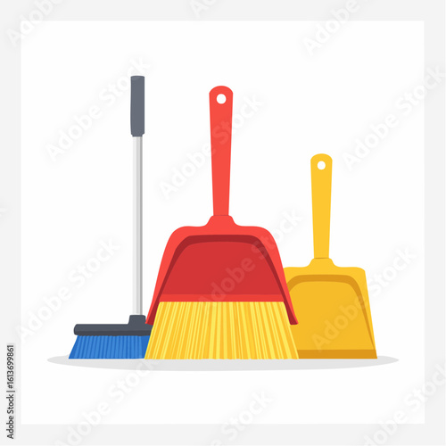 Colorful Broom and Dustpans Cleaning Set Illustration
