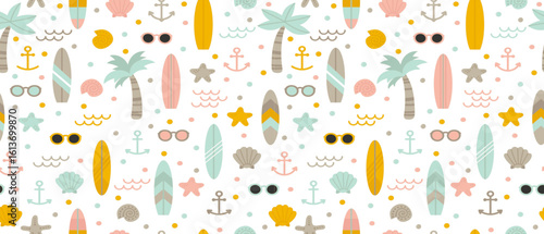 Laid-Back Summer Surf and Beach Seamless Pattern - Coastal Lifestyle Doodles