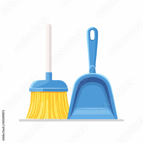 Colorful Illustration of a Broom and Dustpan for Cleaning