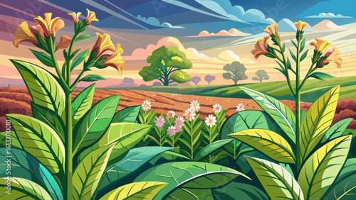 Tobacco plants blooming in agricultural land sway gently under the sun, their pink flowers glowing. Semi-realistic vector art captures each leaf’s texture and the richness of cultivated earth.