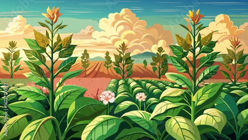 Tobacco plants blooming in agricultural land sway gently under the sun, their pink flowers glowing. Semi-realistic vector art captures each leaf’s texture and the richness of cultivated earth.
