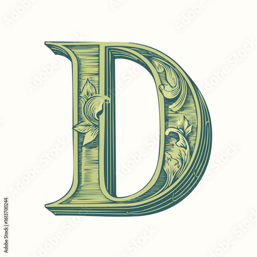 A detail letter D alphabet classic style, linocut and engraving illustration style
