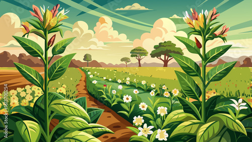 Tobacco plants blooming in agricultural land sway gently under the sun, their pink flowers glowing. Semi-realistic vector art captures each leaf’s texture and the richness of cultivated earth.