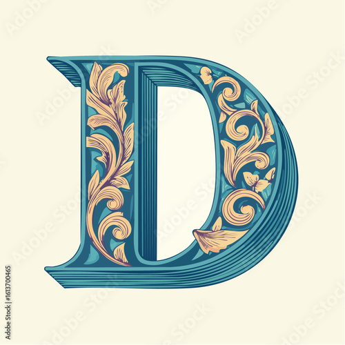 A detail letter D alphabet classic style, linocut and engraving illustration style
