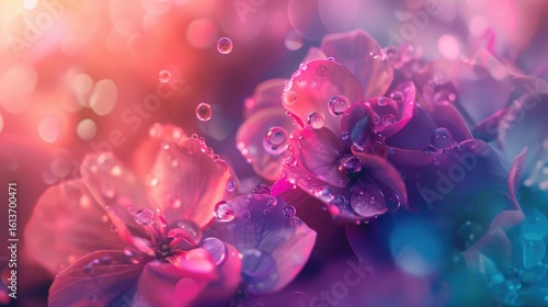 Vibrant pink and purple flowers glistening with dew drops, set against a bokeh background of warm and cool tones, creating a dreamy, ethereal effect