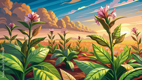 Tobacco plants blooming in agricultural land sway gently under the sun, their pink flowers glowing. Semi-realistic vector art captures each leaf’s texture and the richness of cultivated earth.