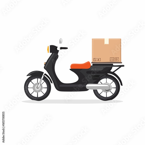 Delivery Scooter with Cardboard Box, Orange Seat, and Detailed Design
