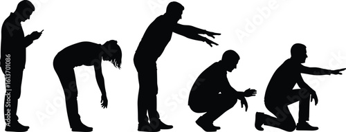 Silhouette sequence of human posture evolution, from phone use to squatting, modern lifestyle impact, health, ergonomics, behavioral habits, illustration