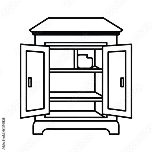 Line art illustration of an upper kitchen cabinet with its doors open