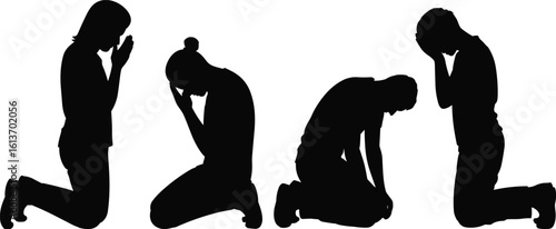 kneeling praying person silhouette, woman and man in prayer silhouette, spiritual meditation vector illustration, religious worship pose, black silhouette flat cad vector