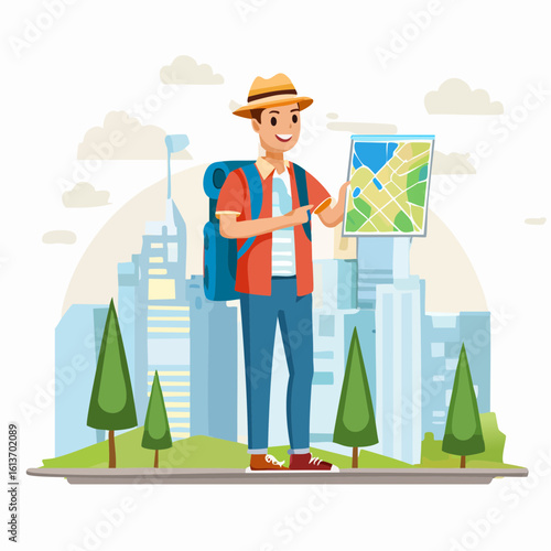 Happy Backpacker Studying City Map Before Urban Exploration