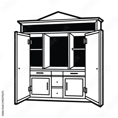 Line art illustration of an upper kitchen cabinet with its doors open
