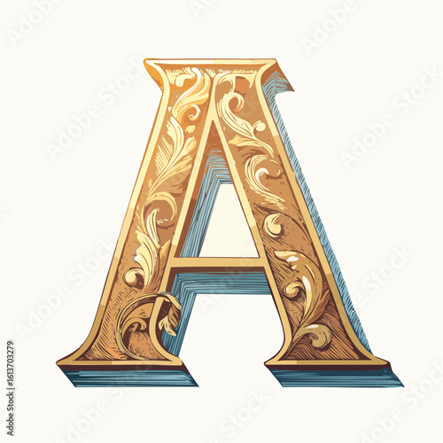A detail letter A alphabet classic style, linocut and engraving illustration style