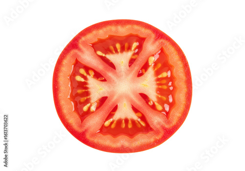 Wallpaper Mural A single, perfectly round, vibrant red, juicy tomato slice with visible seeds on a transparent, seamless background, lit uniformly and shadowless with macro detail, perfect freshness concept Torontodigital.ca