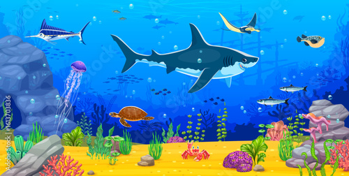 Underwater landscape game background with shark and manta ray, cartoon vector. Turtle and marlin animal characters with fishes and sunken ship or boat for undersea world or underwater game landscape