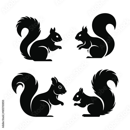 Four Black Silhouette Squirrels Facing Each Other in a Square Arrangement