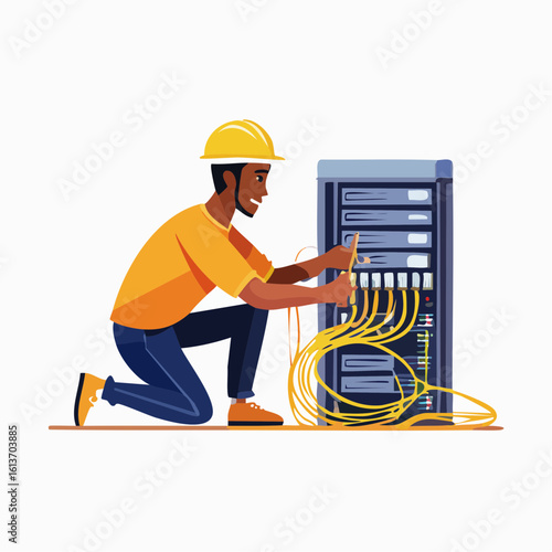 Technician Working on Server Rack, Connecting Network Cables.