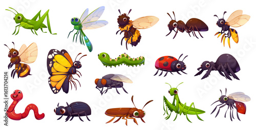 Cartoon funny insect characters of bee, ant, butterfly and ladybug. Vector cute googly mosquito, dragonfly, ground beetle and grasshopper insect personages, fly, cockroach, wasp, caterpillar and worm