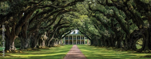 Grand oak trees arch over a historic plantation home