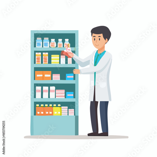 Cartoon pharmacist in lab coat selecting medication from a fully stocked blue shelf