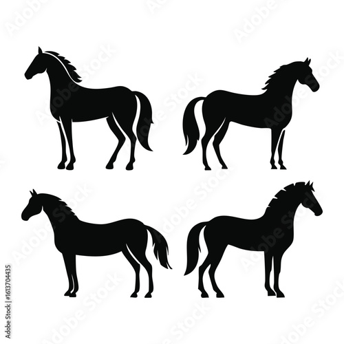 Set of Four Silhouettes of Horses Standing Gracefully in Profile