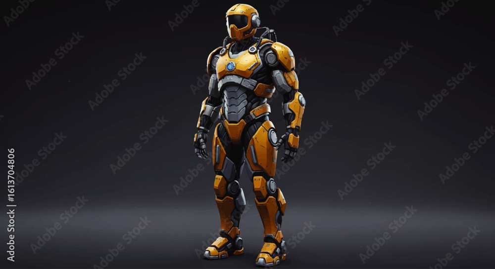 A futuristic, yellow and grey armored figure stands against a dark background.  The detailed suit suggests advanced technology and protection.