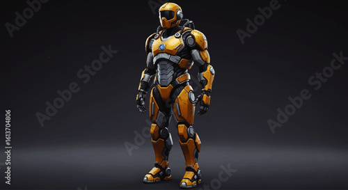 A futuristic, yellow and grey armored figure stands against a dark background.  The detailed suit suggests advanced technology and protection.