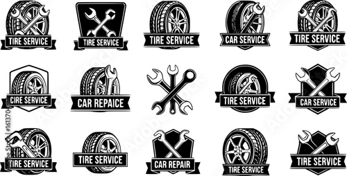Set of tire service, car repair labels. Design elements for logo, emblem, sign, badge. Vector illustration
