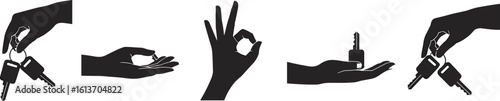 hand key gesture silhouette, giving keys icon vector, ok sign hand shape, holding key illustration, black hands clipart design
