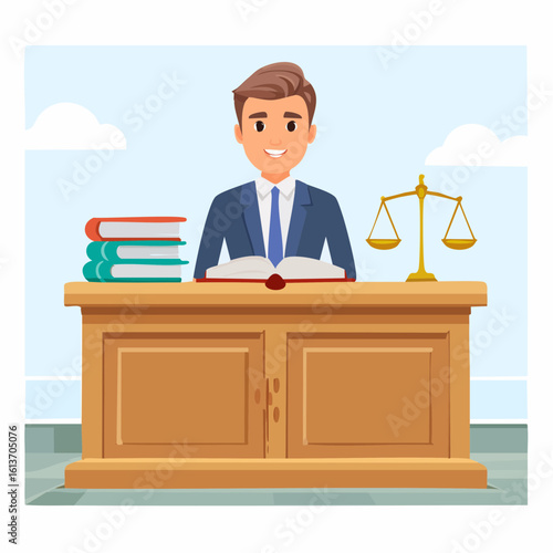 Judge Reading Documents at a Wooden Desk