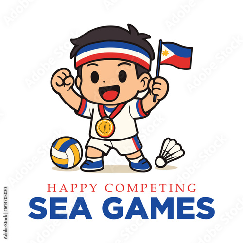 Happy Competing SEA Games Boy Character Holding Flag and Medal