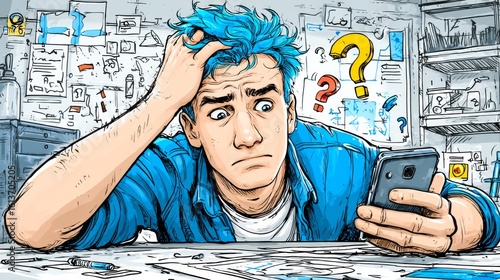A man with blue hair sits at a messy desk covered in papers and pencils, holding a smartphone while looking distressed.